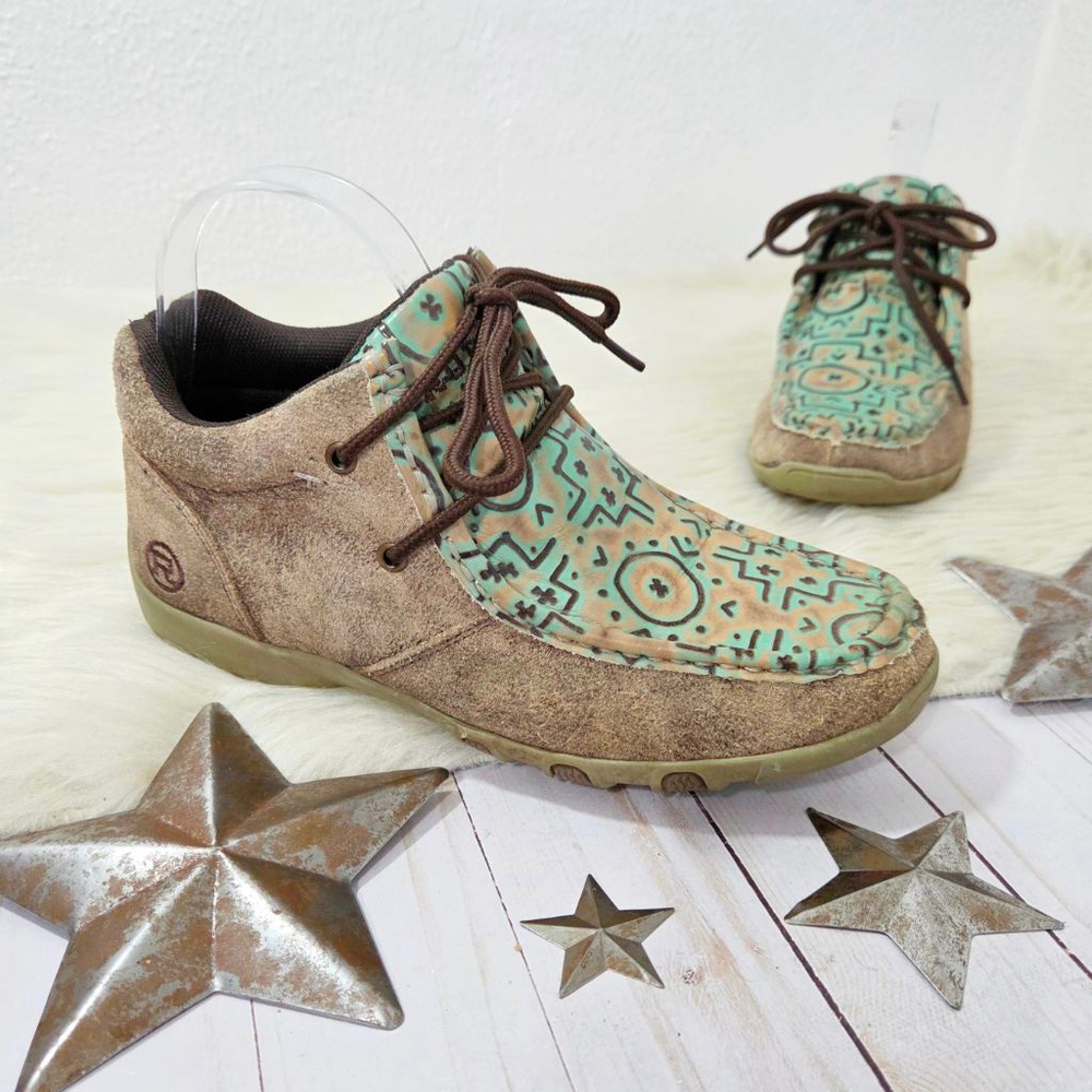 Roper Suzi moc driving moccasin distressed brown leather turquoise tooled size 7